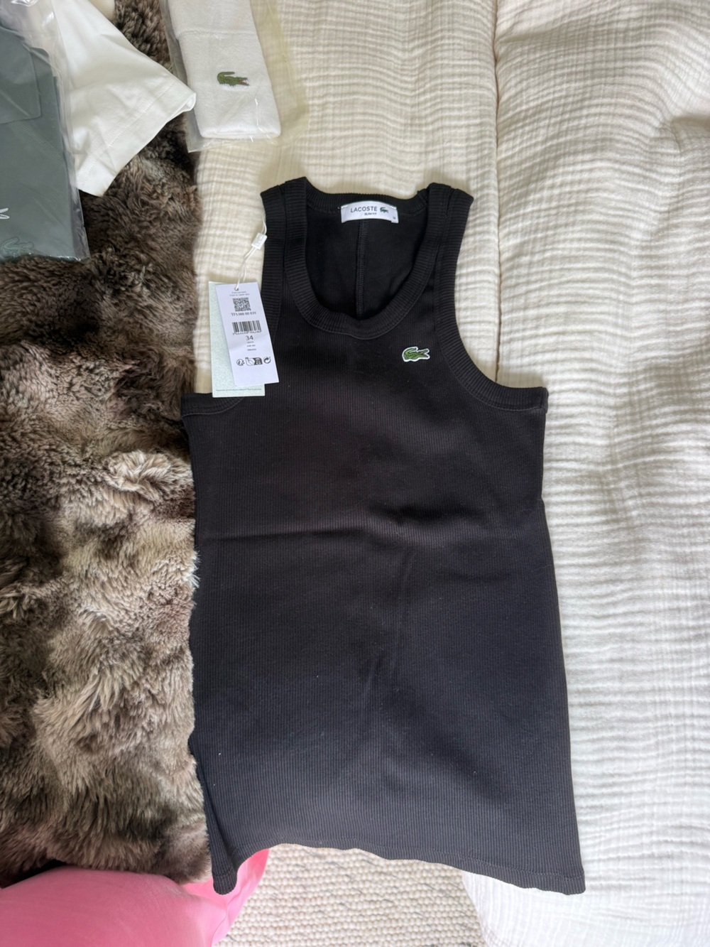 Lacoste Black Ribbed Tank with Green Crocodile Logo